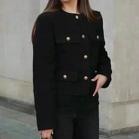 Black Elegant Women's Casual Tweed Jacket Decorated Long Sleeve Coat - Picture 4 of 8